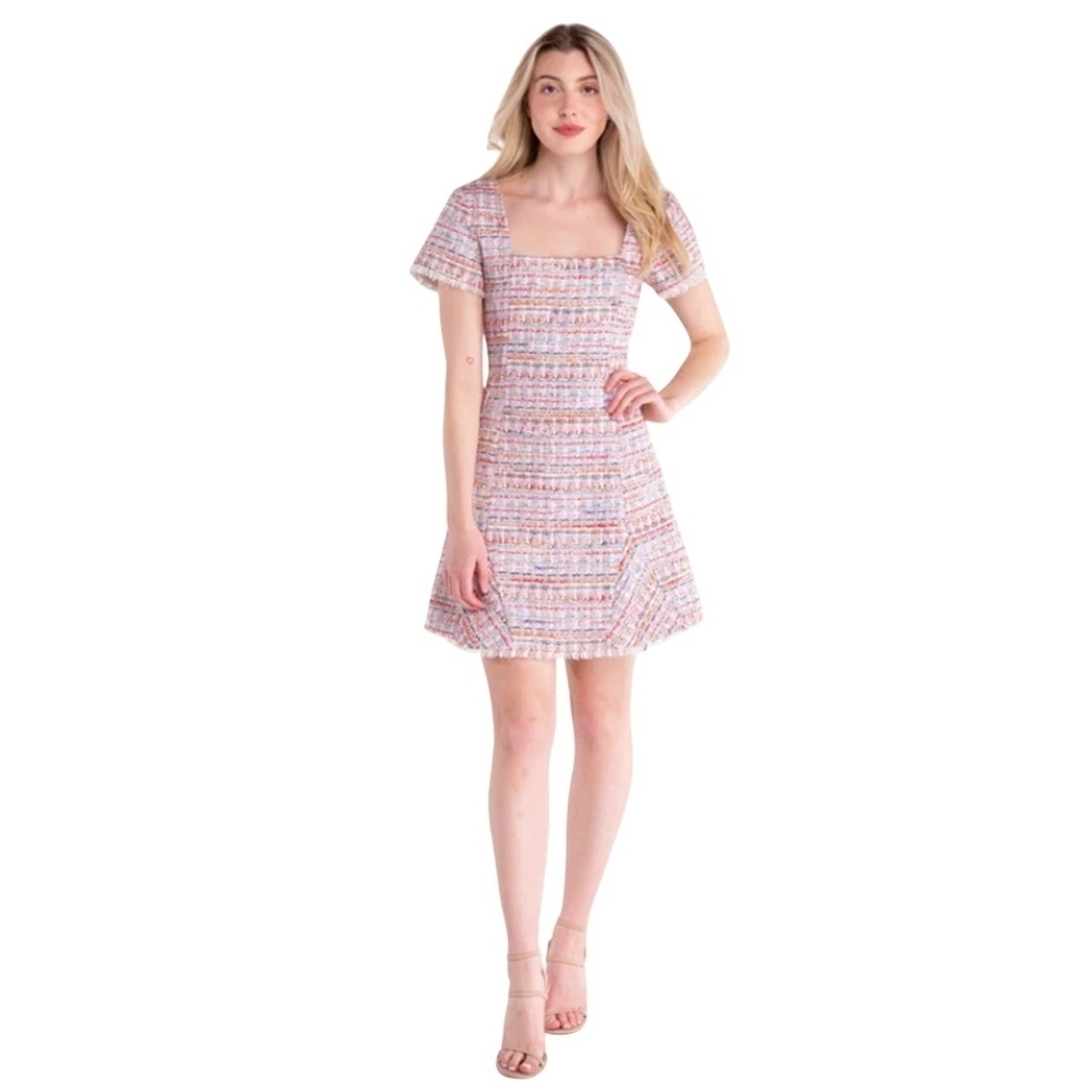 S'EDGE Brittany Square Neck Mini Dress In Foxy Tweed Size LG Women's